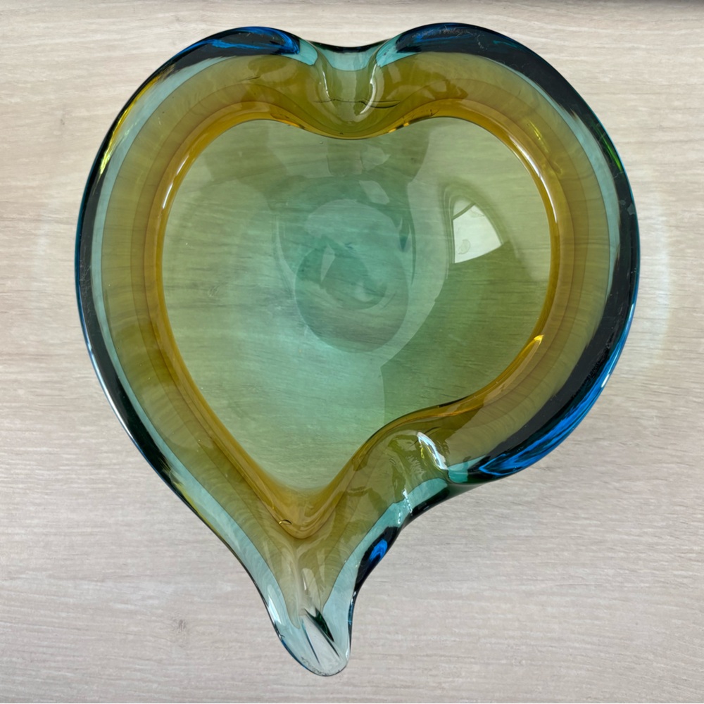 Vintage Murano Blue Yellow Green MCM Italian Blown Glass Ashtray Tray Mid Centur